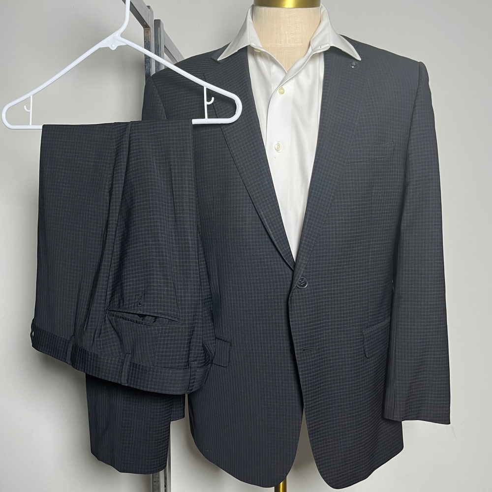 Calvin Klein Suit Mens 44R 35x28‎ Charcoal Grey Micro Check Wool Blend 2-Button